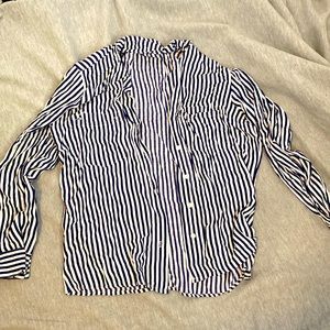 Navy blue and white striped button-up